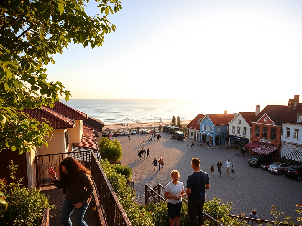 Widok na Zatokę Pucką z portem i zabudowaniami miasta w tle podczas słonecznego dnia.