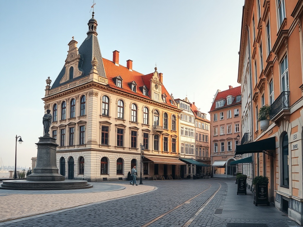 Widok na zabytkowy rynek w Pucku z kamieniczkami i kościołem w tle.